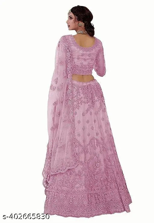 Pink embroidered semi-stitched lehenga, unstitched blouse with dupatta - Indian net fabric ensemble for traditional wear