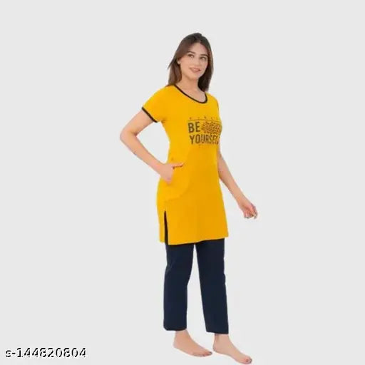 Printed polycotton women's night suit set, half sleeves top with graphics and pyjama with pocket and elastic waistband - Dartline Summer Night Wear on display