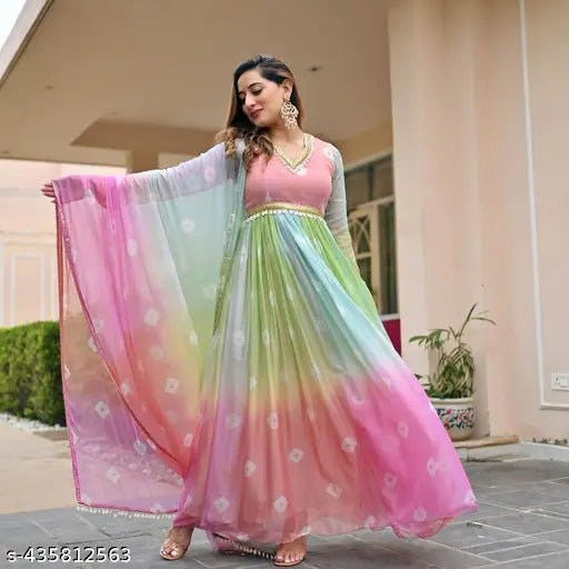 Women's dyed Georgette sari with dupatta, long sleeves, pink color, Indian traditional wear