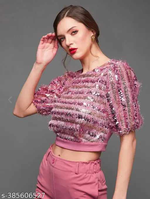 Wazix pink & gold-toned embellished crop top (lycra bottom pants) - Indian fashion set