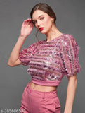 Wazix pink & gold-toned embellished crop top (lycra bottom pants) - Indian fashion set