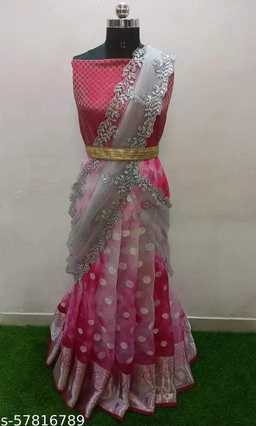 Unstitched pink organza lehenga choli & silver embroidered dupatta set, Indian ethnic motif on soft silk topwear and net bottomwear