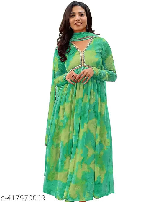 Georgette printed long-sleeve flared A-line V-neck kurta with dupatta for women's partywear, available in S, M, L, XL, XXL. Wash: hand wash