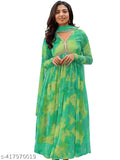 Georgette printed long-sleeve flared A-line V-neck kurta with dupatta for women's partywear, available in S, M, L, XL, XXL. Wash: hand wash