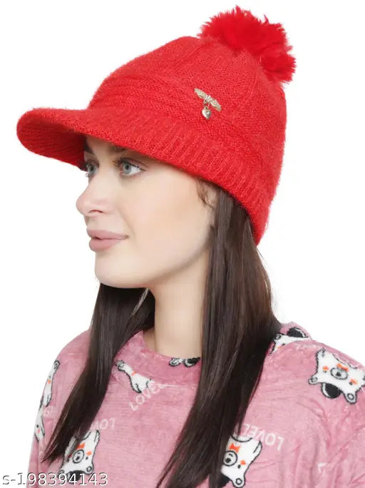 Red textured wool knit skull pompom cap, fits adults and teens, warm and comfortable, acrylic material, suitable for autumn-winter wardrobe