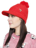 Red textured wool knit skull pompom cap, fits adults and teens, warm and comfortable, acrylic material, suitable for autumn-winter wardrobe