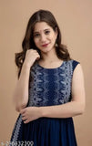 Embroidered rayon Naira cut kurta for women, sleeveless or three-quarter sleeves, XS (34in) to XXXL (46in), Indian print and drape style