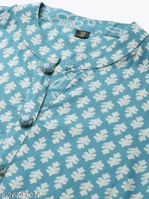 Sky blue cotton kurta palazzo set, printed calf-length, straight fit in Mandarin collar, regular sleeves. Stylish Indian women's apparel from HIGHLIGHT FASHION EXPORT