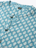 Sky blue cotton kurta palazzo set, printed calf-length, straight fit in Mandarin collar, regular sleeves. Stylish Indian women's apparel from HIGHLIGHT FASHION EXPORT