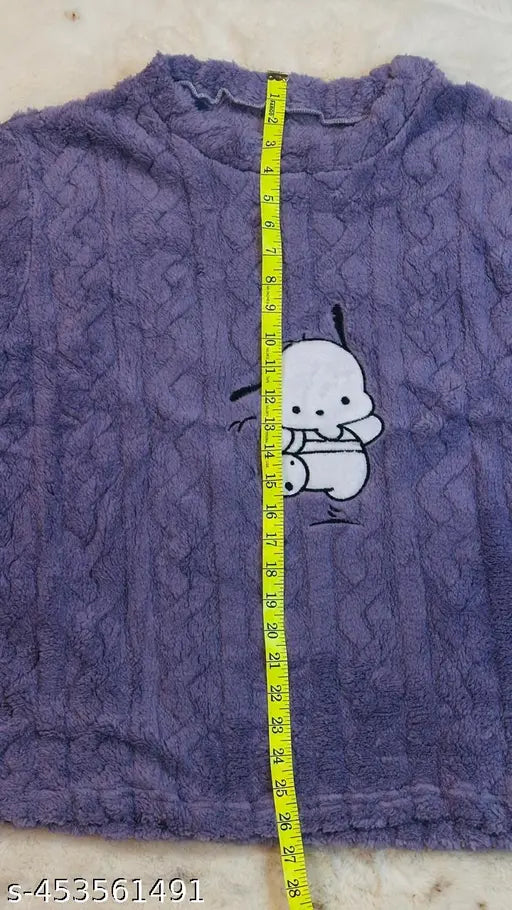 Warm woolen winter nightsuit for women and girls with cute prints, featuring a soft fur lining for added warmth. Ideal for indoor and casual outdoor use during cold seasons. Stretchable pyjama in free size for comfort in L & XL sizes. Imported product from China