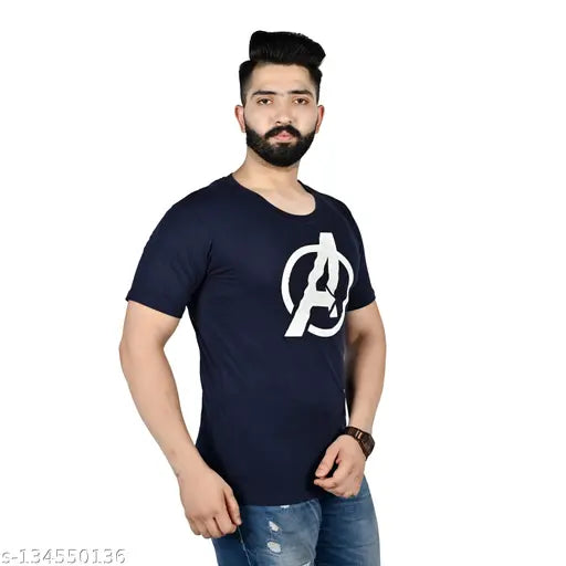 Navy chiffon Avengers printed round neck half sleeve men's t-shirt with short sleeves, featuring popular superhero motifs. Available in sizes S-XXL (36"-44" chest). Made in India
