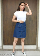 Dark blue denim skirt for girls & women, solid pattern, trendy style, size options 26, 28, 30 (India origin)
