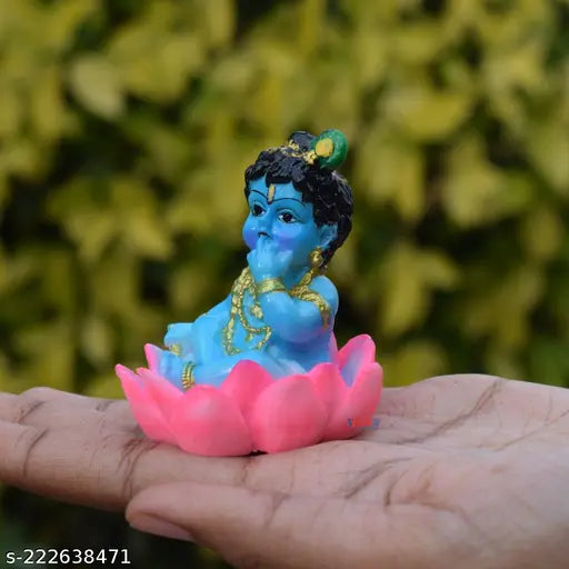 Polyresin Baby Lotus Krishna Makhan Chor Statue Murti - Indian religious idol for home, office, or car dashboard decor