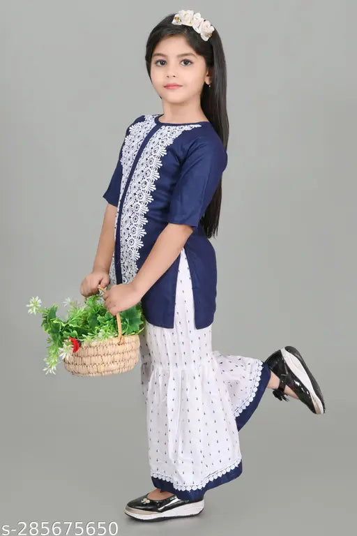 cotton sarara girls kurta set, A-line, embroidered, skin-friendly fabric, Indian ethnic wear for kids aged 5-10
