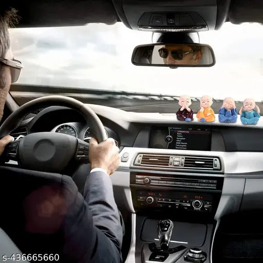 Four Indian Buddha Monk figurines for car dashboard or tabletop decor