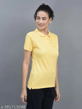 Yellow cotton blend Dollar Women's Solid Polo Neck T-shirt, short sleeves, available in S, M, L, XL, XXL