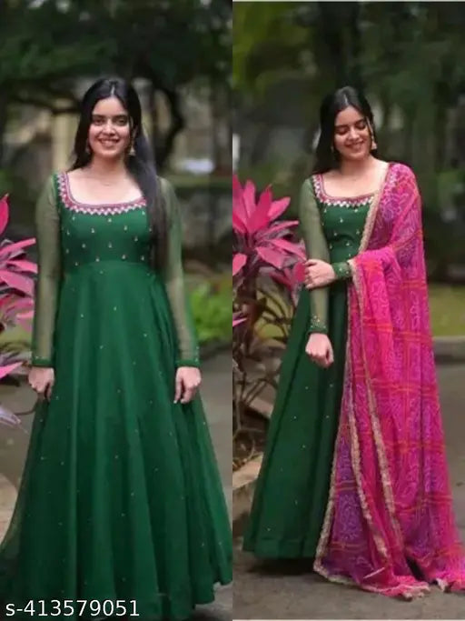 Green Georgette bandhani dupta with mirror work and stone embellishments, maxi gown style