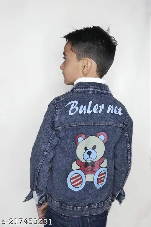 Blue denim kids' jackets with printed net pattern, featuring both girl and boy designs for ages 2-3, 3-4, 4-5, and 5-6 years. Made in India