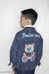 Blue denim kids' jackets with printed net pattern, featuring both girl and boy designs for ages 2-3, 3-4, 4-5, and 5-6 years. Made in India