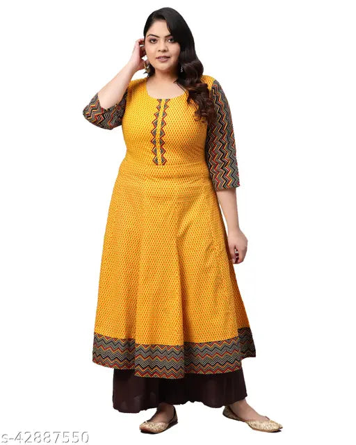 Mustard cotton geometric print Anarkali kurta for plus size women, featuring long sleeves and mandarin collar, tailored in India