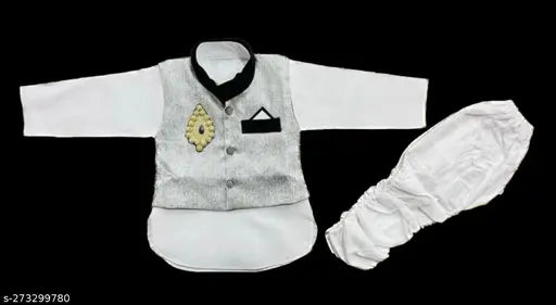 Embroidered cotton 3-piece kurta pajama set for babies, long sleeves on display