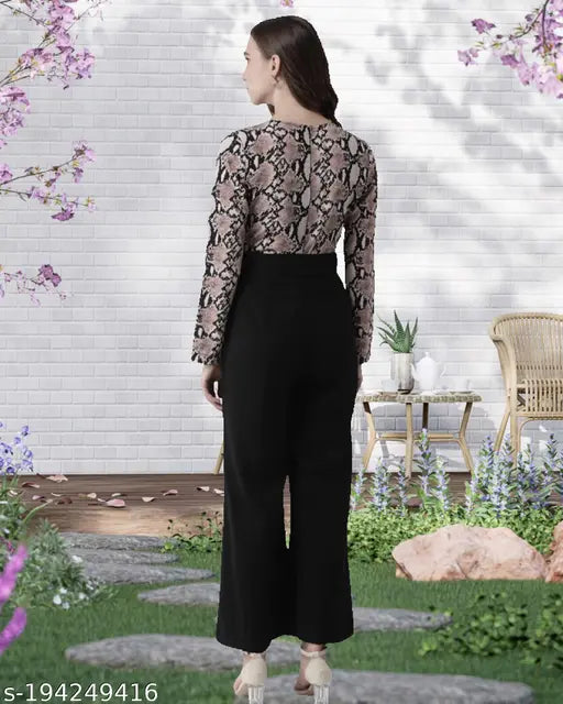 Trendy Hollywood-style Lycra jumpsuit with long sleeves and printed net pattern. Fashionable women's size XS to XXXL for various measurements. Indian origin
