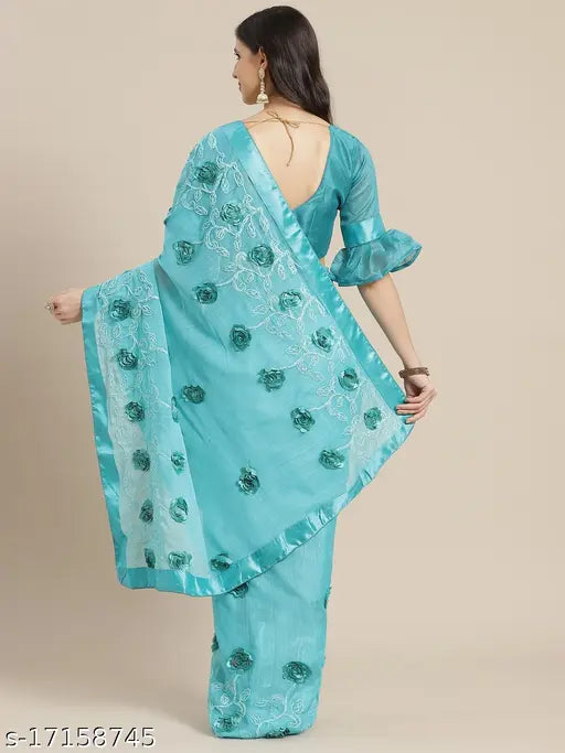 Indian chiffon saree with satin ribbon flower embroidery, free size, 5.5m length