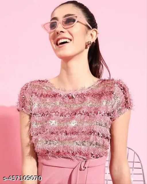 Pink Lycra embellished net jumpsuit, short sleeves, XS size (32-35-32-41)