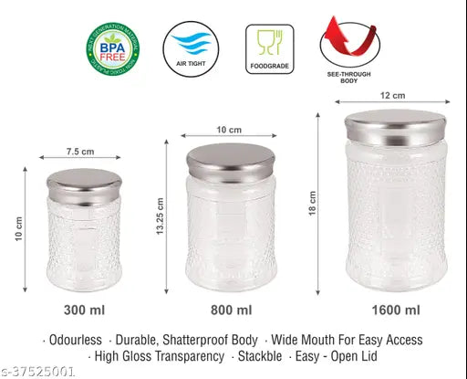 High-quality PET, Grade 1 airtight food-grade plastic containers, 28cm x 21cm x 35cm, pack of 18. Transparent jars with stainless steel lids, ideal for storing spices and grains in the kitchen. Made in India