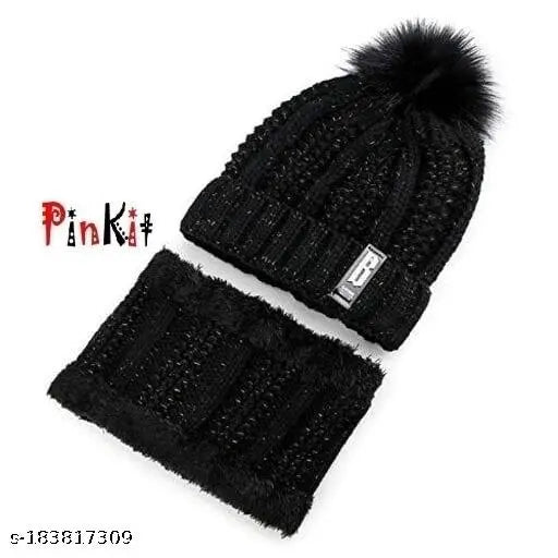 Black wool HRIDAY women's pom beanie hat set, includes scarf and face cover with fleece lining - ideal for winter skiing or slouchy casual wear