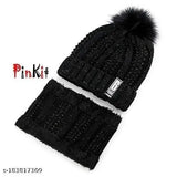 Black wool HRIDAY women's pom beanie hat set, includes scarf and face cover with fleece lining - ideal for winter skiing or slouchy casual wear