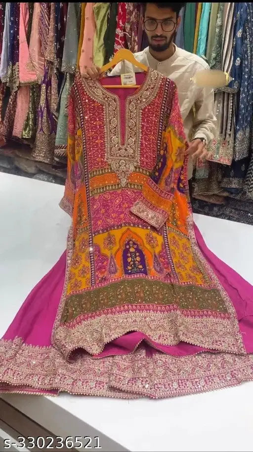 New Designer Georgette Digital Print Pakistani Suit, heavy fabric with handwork detail, vibrant Indian georgette