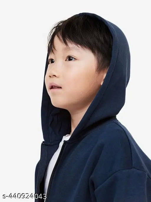 Navy solid cotton fleece hoodie for kids, long sleeves, zip front, kangaroo pockets, ribbed cuffs and hem, sizes from 3-4 to 13-14 years