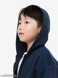 Navy solid cotton fleece hoodie for kids, long sleeves, zip front, kangaroo pockets, ribbed cuffs and hem, sizes from 3-4 to 13-14 years