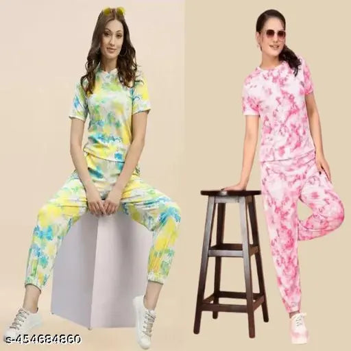 Poly crepe night dress set combo, top & bottom in ambient suite setting, dyed/washed net pattern. Indian-made sleepwear for restful retreats