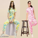 Poly crepe night dress set combo, top & bottom in ambient suite setting, dyed/washed net pattern. Indian-made sleepwear for restful retreats