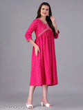 Red women's cotton blend animal print anarkali kurta with three-quarter sleeves, dyed/washed combo on mannequin (India)