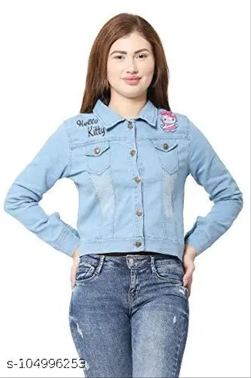 Women's denim printed jacket, solid net pattern, long sleeves, size S (bust 36in, length 21in), made in India