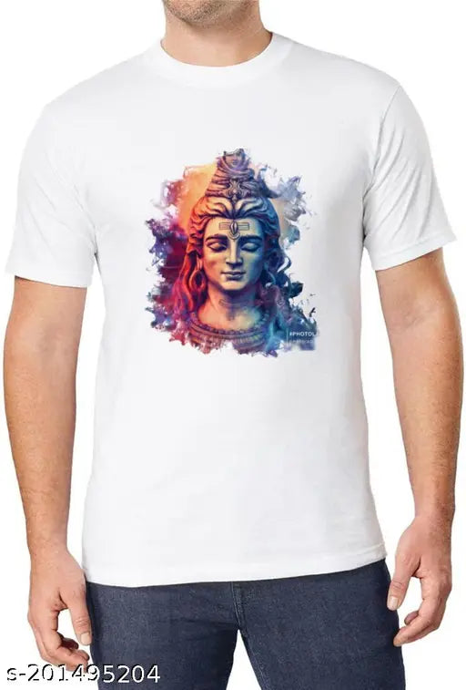 Mahadev t-shirt polyester short sleeves printed Shiva design, vibrant Indian fashion apparel on model