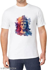Mahadev t-shirt polyester short sleeves printed Shiva design, vibrant Indian fashion apparel on model
