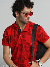 Red cotton blend short sleeved printed T-shirt for men by XFOX, Indian origin
