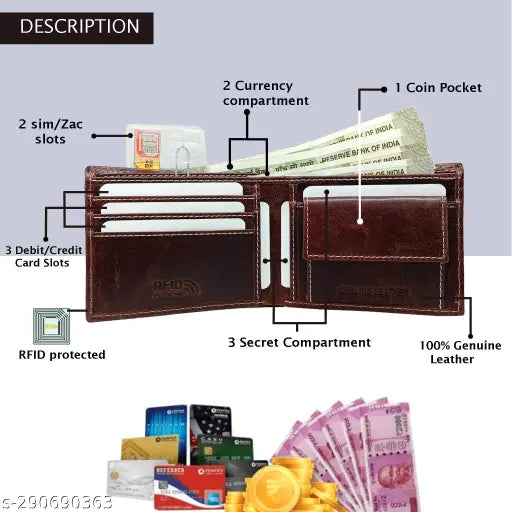 Genuine leather wallet, free size with 6 card slots, 1 coin pocket, and more for men's everyday essentials