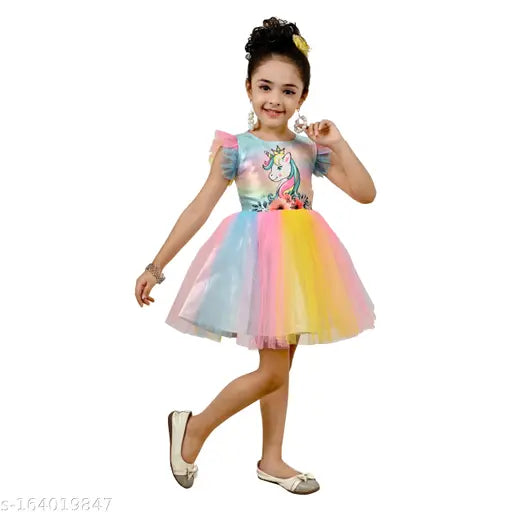 Multicolor net unicorn dress, whimsical children's clothing for 0-6 months, India origin