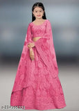Pink nylon net embroidered lehenga choli for girls, Indian party wear with three-quarter sleeves, age 8-15 years