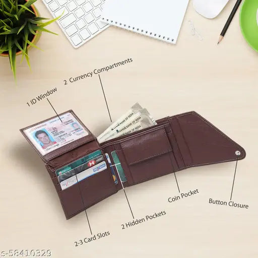 Brown faux leather men's wallet with flap closure, features 2 compartments & coin pouch. Modern, stylish design from TnW, India