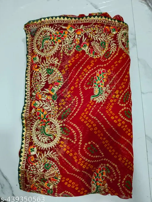 Red and white Bhandhni embroidery Georgette saree with separate Bangalori silk blouse, Zari woven pattern and single net quantity. Indian Banarasi silk saree in red color