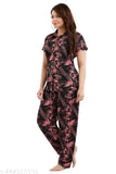 Women's satin printed kollar nightsuit set - short sleeve polyester top and bottom, girls nightwear with printed pattern