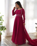 Maroon Georgette Gown, long sleeves, solid pattern, Indian-made party wear for women