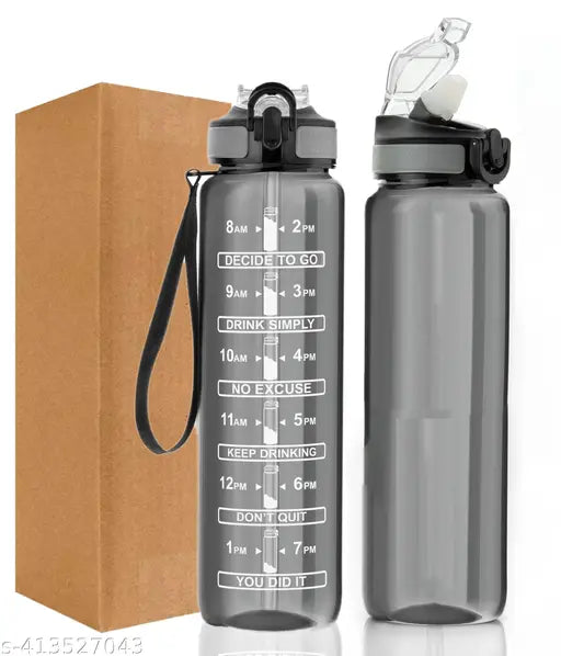 Black plastic sipper water bottle with motivational time markers for adults, encourages hydration and positive affirmations, great for gym or office use, eco-friendly