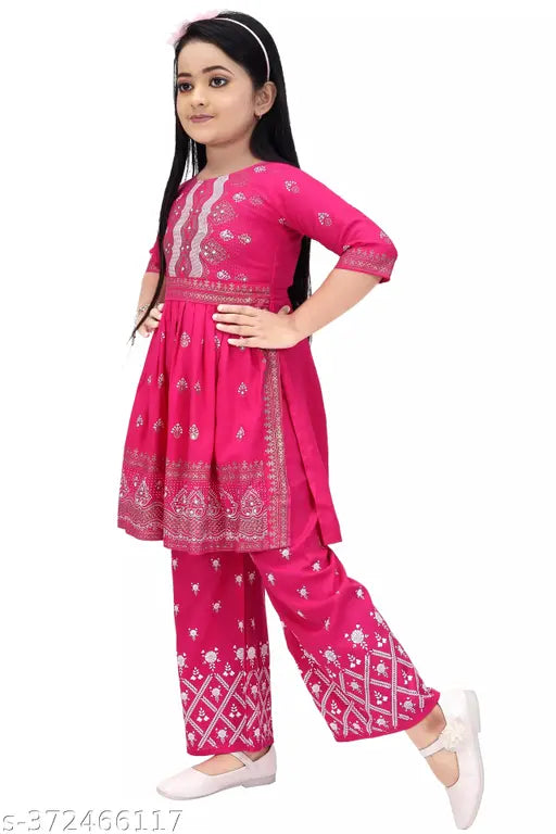 Viscose Rayon embellished A-line kurta with three-quarter sleeves and palazzo bottoms - intricate designs, comfortable fit, versatile fashion for kids aged 5-12 years. Handcrafted in India
